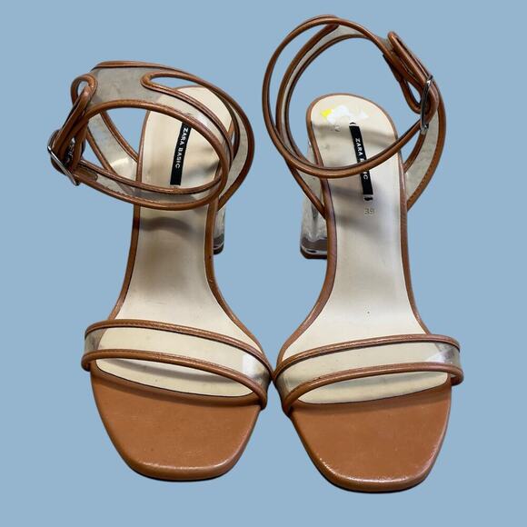 Zara lucite clear tan brown ankle strap block heels sandals size EU 39 US 8 - Picture 15 of 16